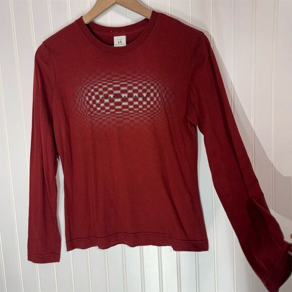 Vintage Armani Exchange Long Sleeve Tee M Red Logo Checker Y2K USA Made - Picture 2 of 10